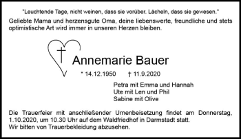 Traueranzeige von Annemarie Bauer von vrm-trauer