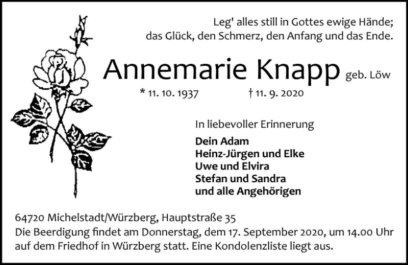  Traueranzeige für Annemarie Knapp vom 16.09.2020 aus vrm-trauer