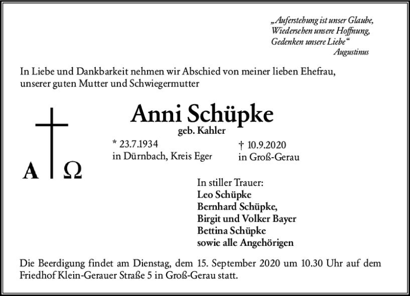  Traueranzeige für Anni Schüpke vom 12.09.2020 aus vrm-trauer