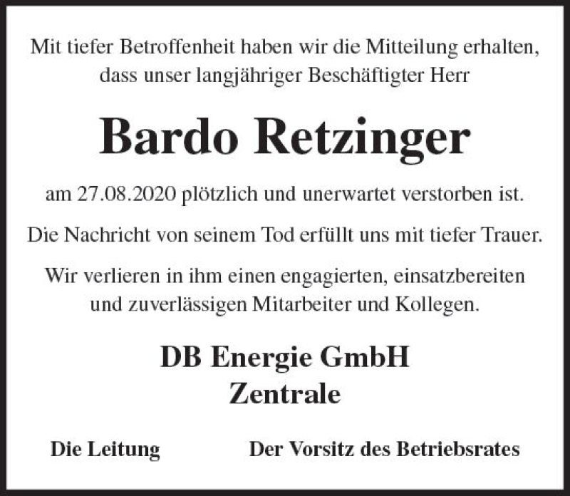  Traueranzeige für Bardo Retzinger vom 14.09.2020 aus vrm-trauer