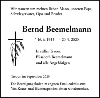 Traueranzeige von Bernd Beemelmann von vrm-trauer