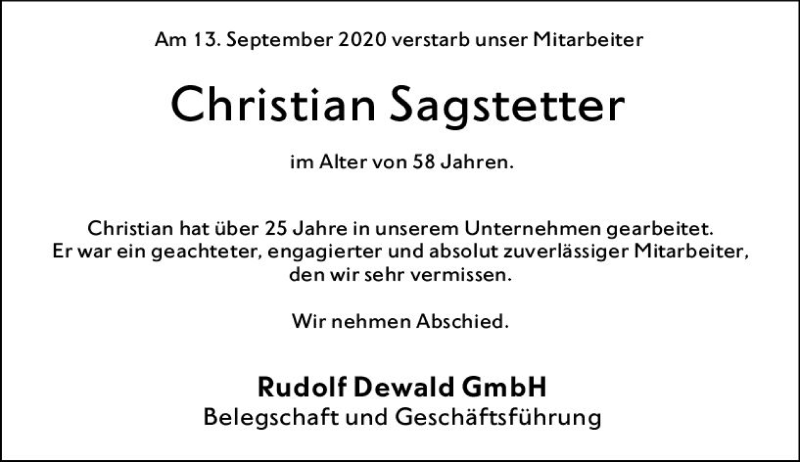  Traueranzeige für Christian Sagstetter vom 19.09.2020 aus vrm-trauer