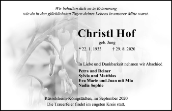 Traueranzeige von Christl Hof von vrm-trauer