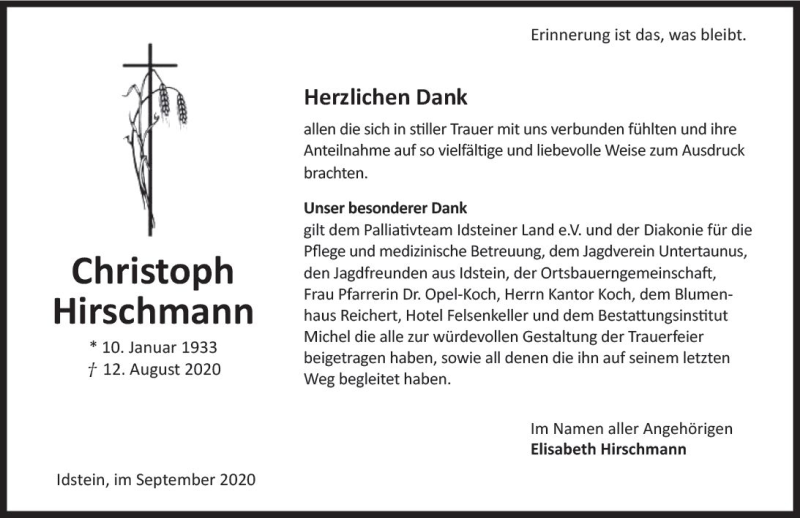  Traueranzeige für Christoph Hirschmann vom 12.09.2020 aus vrm-trauer