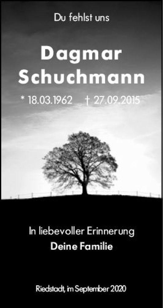  Traueranzeige für Dagmar Schuchmann vom 26.09.2020 aus vrm-trauer