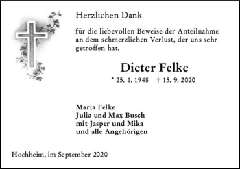 Traueranzeige von Dieter Felke von vrm-trauer