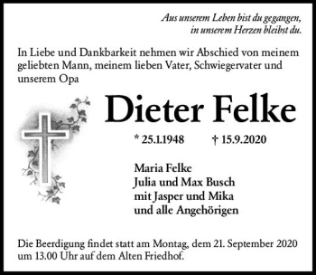 Traueranzeige von Dieter Felke von vrm-trauer