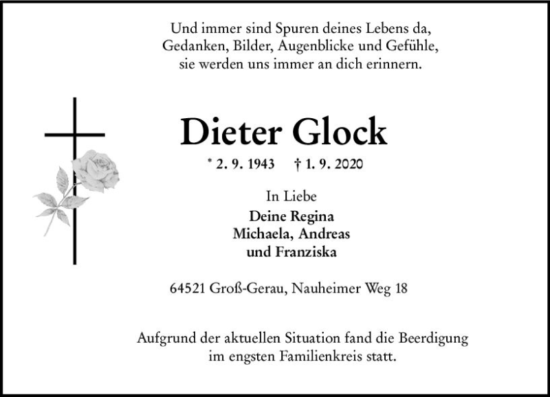  Traueranzeige für Dieter Glock vom 09.09.2020 aus vrm-trauer