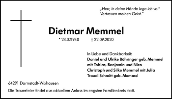 Traueranzeige von Dietmar Memmel von vrm-trauer