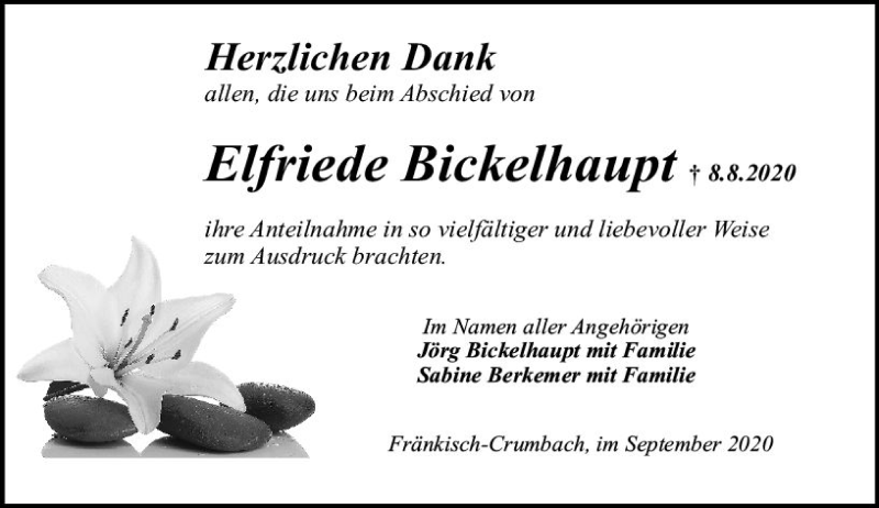  Traueranzeige für Elfriede Bickelhaupt vom 26.09.2020 aus vrm-trauer