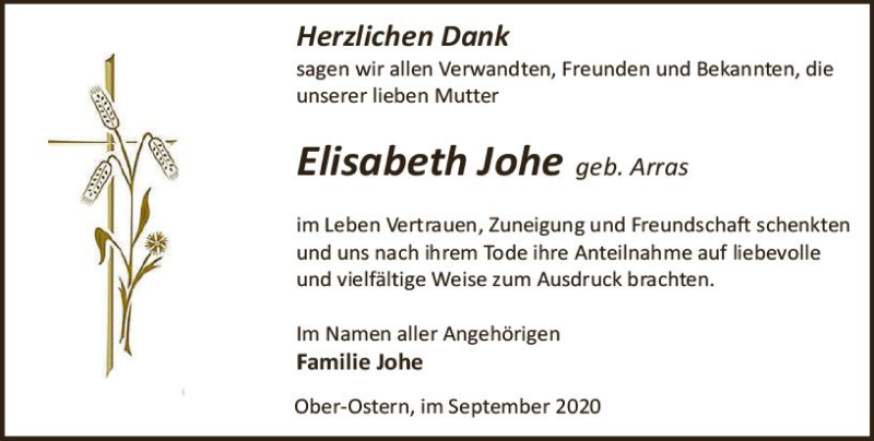  Traueranzeige für Elisabeth Johe vom 26.09.2020 aus vrm-trauer