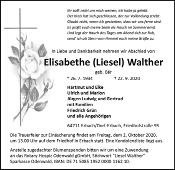 Traueranzeige von Elisabethe Walther von vrm-trauer