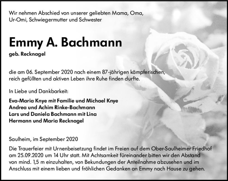  Traueranzeige für Emmy A. Bachmann vom 19.09.2020 aus vrm-trauer