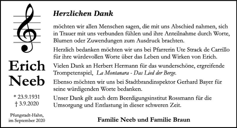  Traueranzeige für Erich Neeb vom 23.09.2020 aus vrm-trauer