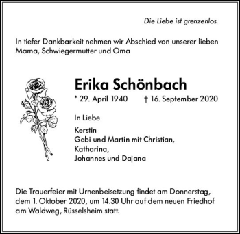 Traueranzeige von Erika Schönbach von vrm-trauer