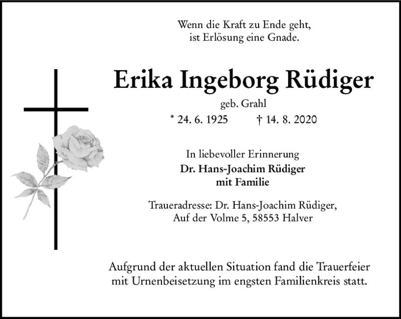  Traueranzeige für Erika Ingeborg Rüdiger vom 05.09.2020 aus vrm-trauer