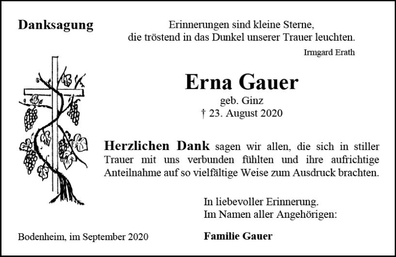  Traueranzeige für Erna Gauer vom 19.09.2020 aus vrm-trauer