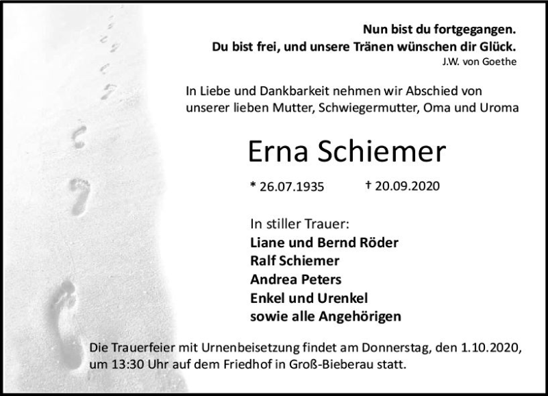  Traueranzeige für Erna Schiemer vom 26.09.2020 aus vrm-trauer