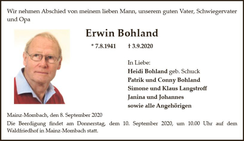  Traueranzeige für Erwin Bohland vom 08.09.2020 aus vrm-trauer