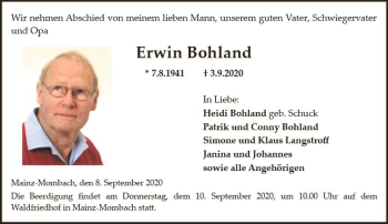 Traueranzeige von Erwin Bohland von vrm-trauer