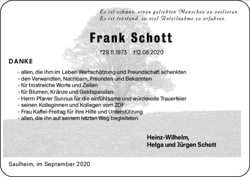  Traueranzeige für Frank Schott vom 26.09.2020 aus vrm-trauer