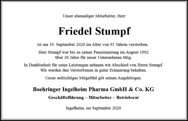  Traueranzeige für Friedel Stumpf vom 28.09.2020 aus vrm-trauer