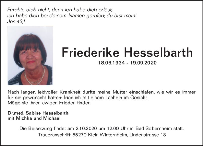  Traueranzeige für Friederike Hesselbarth vom 29.09.2020 aus vrm-trauer