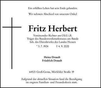 Traueranzeige von Fritz Herbert von vrm-trauer