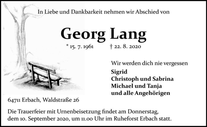  Traueranzeige für Georg Lang vom 05.09.2020 aus vrm-trauer