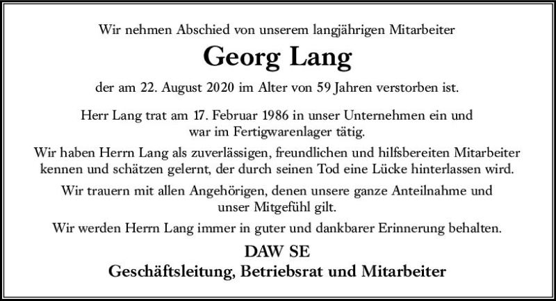  Traueranzeige für Georg Lang vom 05.09.2020 aus vrm-trauer