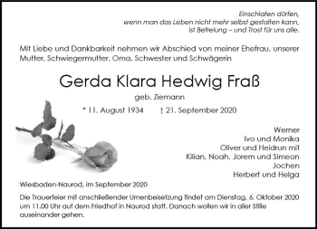 Traueranzeige von Gerda Klara Hedwig Fraß von vrm-trauer