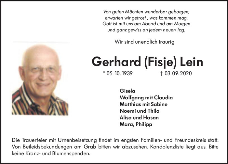  Traueranzeige für Gerhard  Lein vom 12.09.2020 aus vrm-trauer