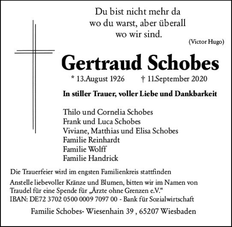 Traueranzeige für Gertraud Schobes vom 19.09.2020 aus vrm-trauer