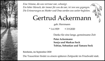 Traueranzeige von Gertrud Ackermann von vrm-trauer
