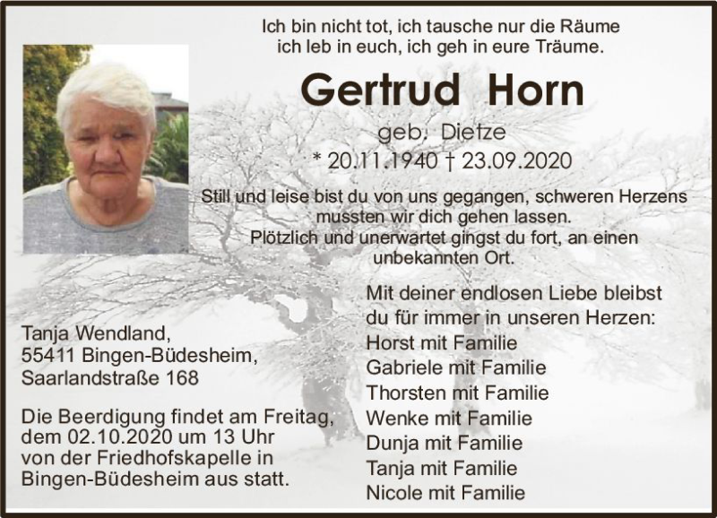  Traueranzeige für Gertrud Horn vom 30.09.2020 aus vrm-trauer