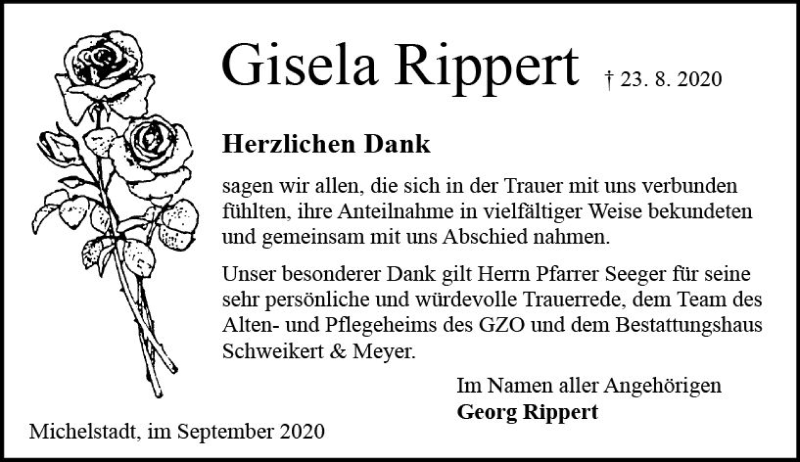 Traueranzeige für Gisela Rippert vom 26.09.2020 aus vrm-trauer