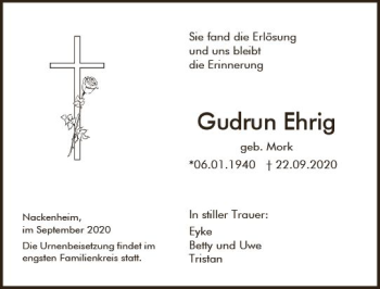 Traueranzeige von Gudrun Ehrig von vrm-trauer