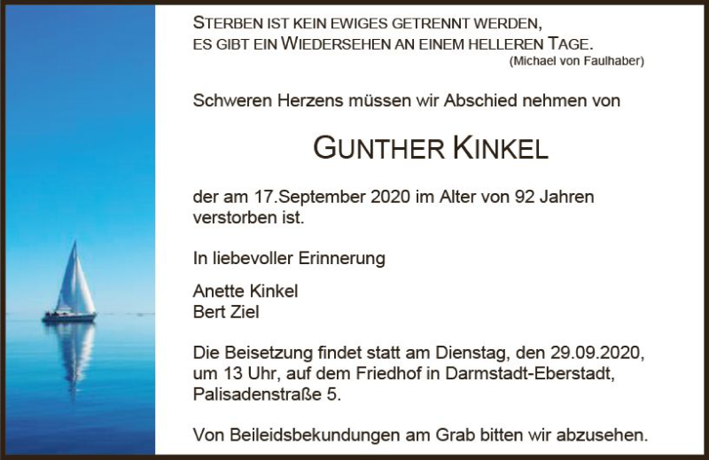  Traueranzeige für Gunther Kinkel vom 26.09.2020 aus vrm-trauer