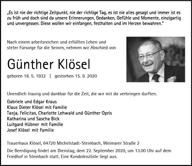  Traueranzeige für Günther Klösel vom 19.09.2020 aus vrm-trauer