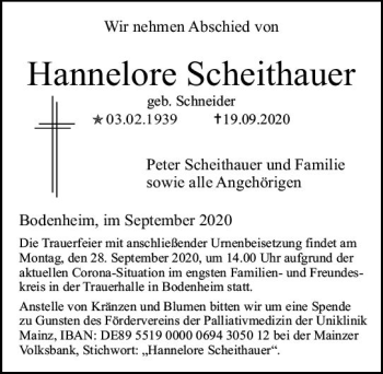 Traueranzeige von Hannelore Scheithauer von vrm-trauer