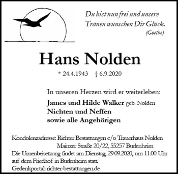 Traueranzeige von Hans Nolden von vrm-trauer