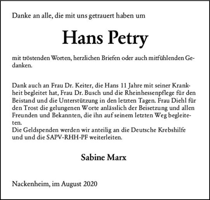  Traueranzeige für Hans Petry vom 09.09.2020 aus vrm-trauer