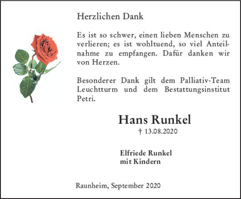  Traueranzeige für Hans Runkel vom 19.09.2020 aus vrm-trauer