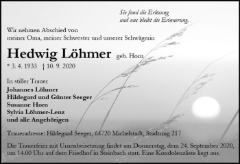 Traueranzeige von Hedwig Löhmer von vrm-trauer