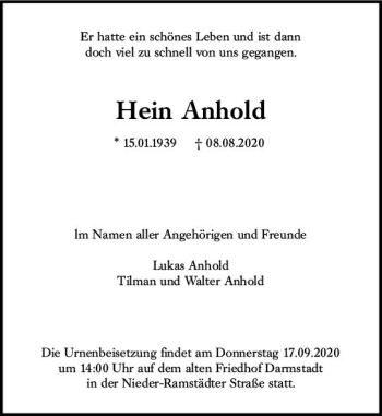 Traueranzeige von Hein Anhold von vrm-trauer