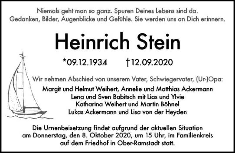  Traueranzeige für Heinrich Stein vom 30.09.2020 aus vrm-trauer