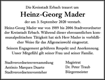 Traueranzeige von Heinz-Georg Mader von vrm-trauer