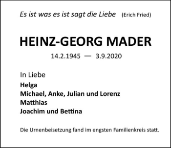 Traueranzeige von Heinz-Georg Mader von vrm-trauer