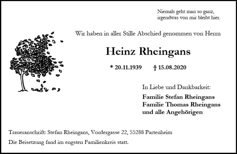  Traueranzeige für Heinz Rheingans vom 05.09.2020 aus vrm-trauer