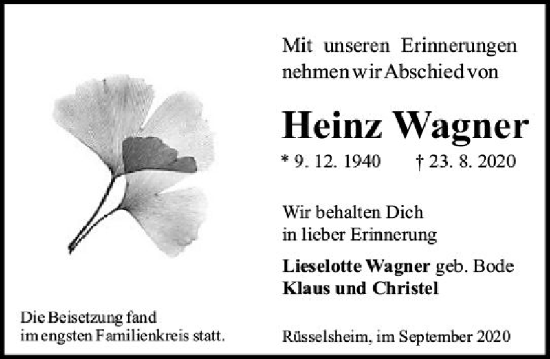  Traueranzeige für Heinz Wagner vom 05.09.2020 aus vrm-trauer